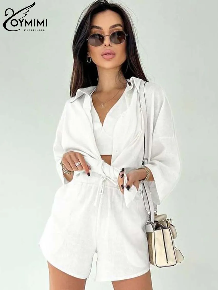 Oymimi Fashion Brown Cotton 3 Piece Sets Women Outfit Elegant Three Quarter Sleeve Shirts And Slip Bra + Drawstring Shorts Sets