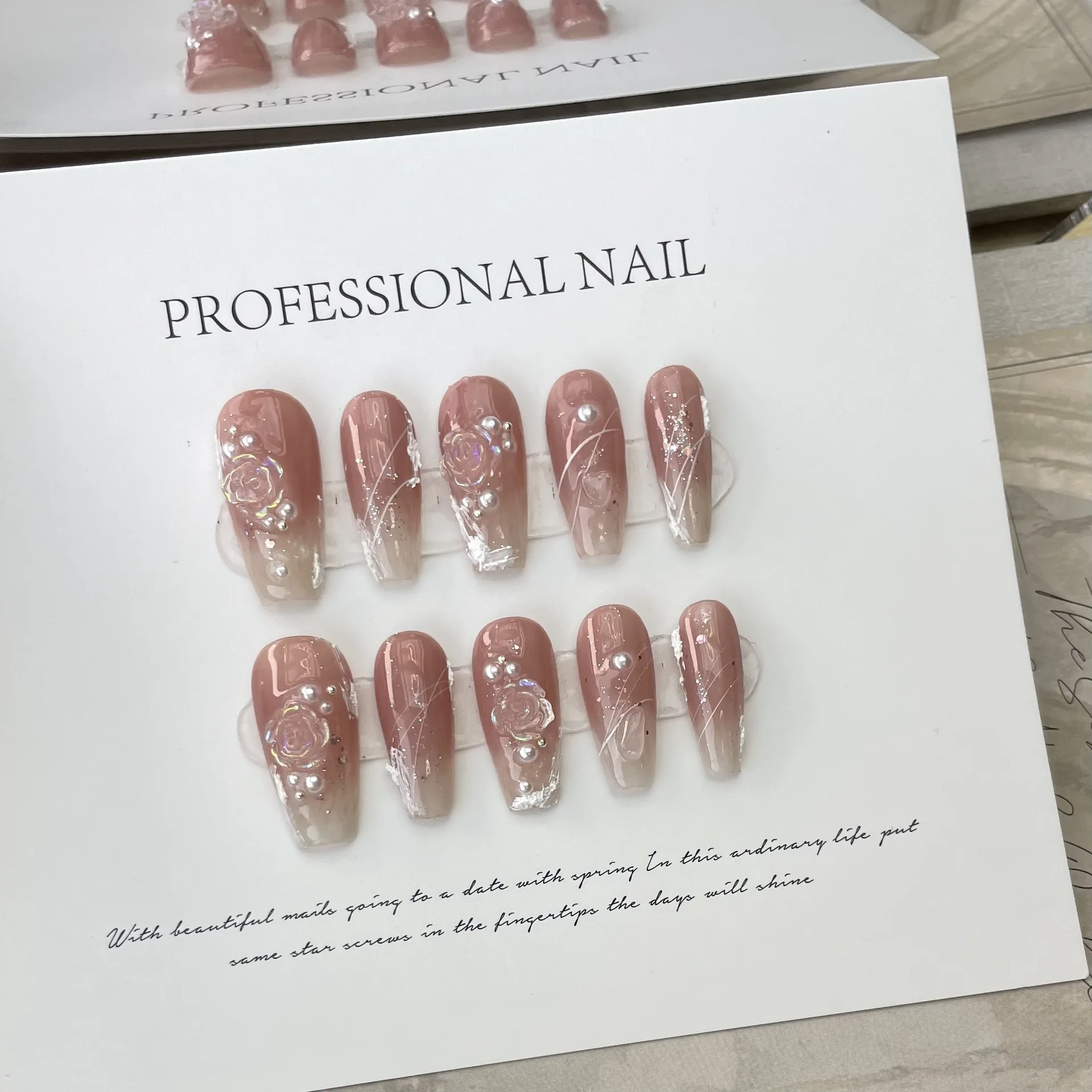 10 Stück handgemachte Nägel zum Aufdrücken, lange Ballett-blaue künstliche Nägel mit 3D-Ozean-Mond-Strass-Design, künstliche Nägel, vollständige Abdeckung, Nagelspitzen – Detail 2