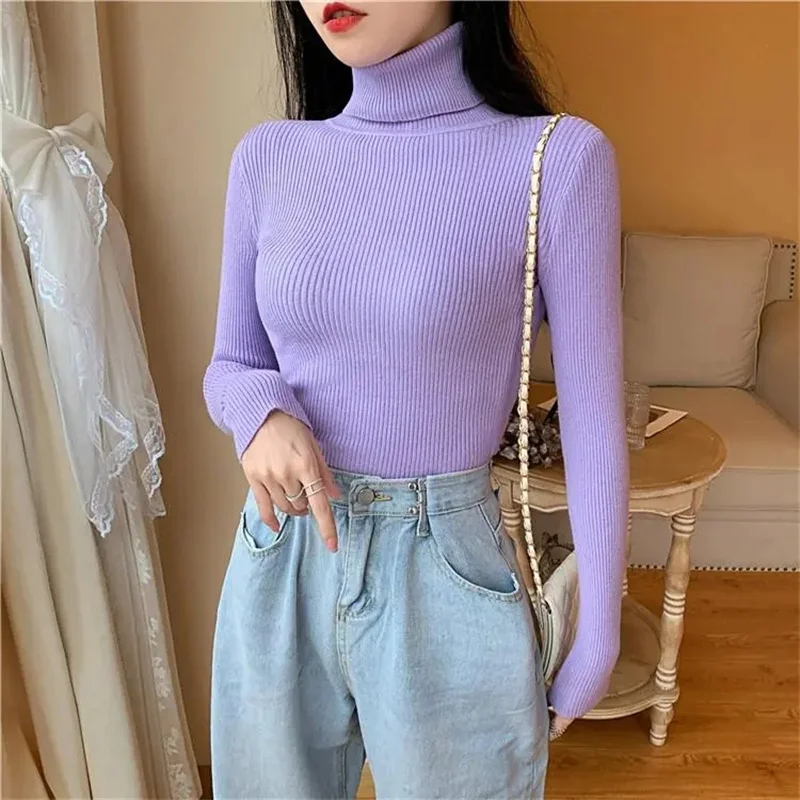 

2023 Turtleneck Women Autumn Winter Pullover Sweater Basic Casual Slim Stretch Soft Ribbed Knitted Top Jumpers Sweaters