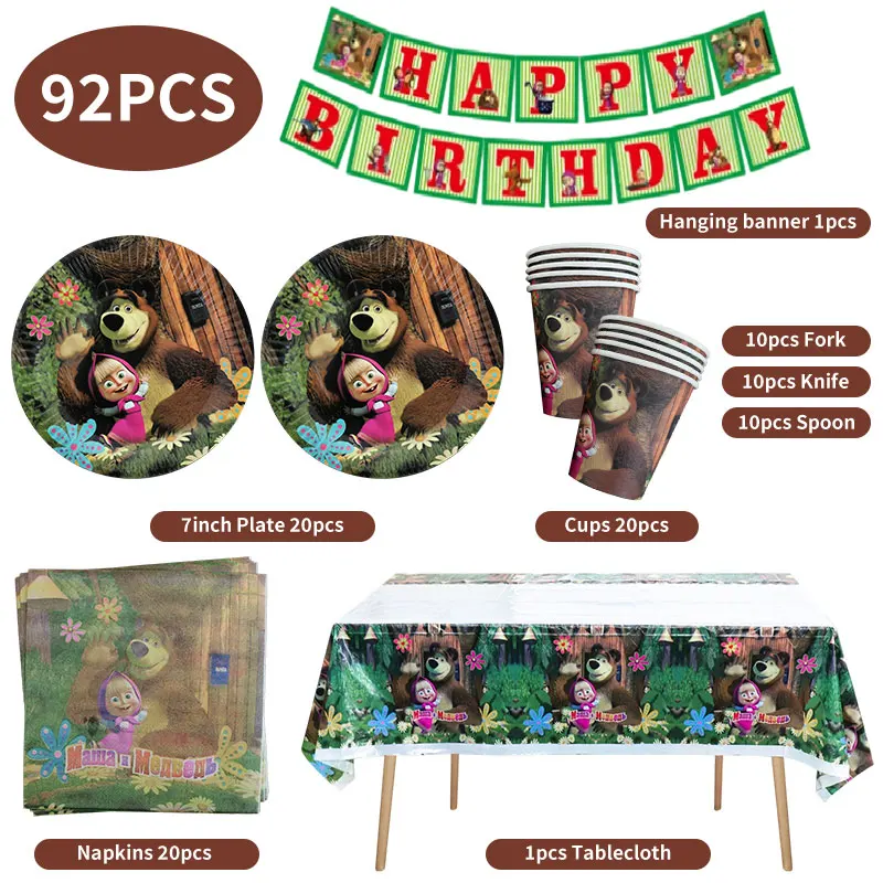 Masha and Bear Birthday Decoration Set Tableware Plate Cup Tablecloth Gift Bag Masha Bear Birthday Supplies Ballon Party Favor