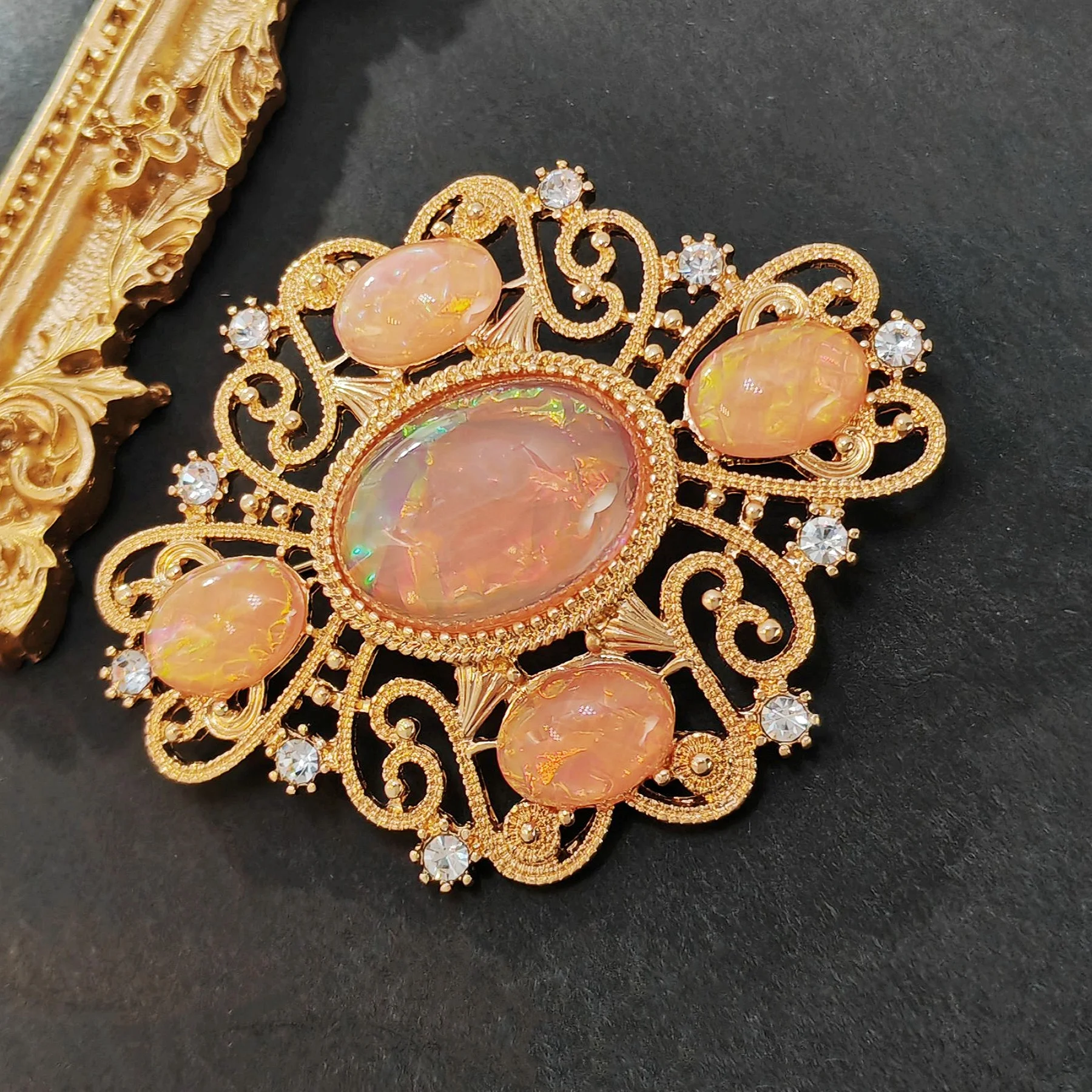 Delicate Gold Scroll and Pink Oval Brooch Art t Nouveau Jewelry