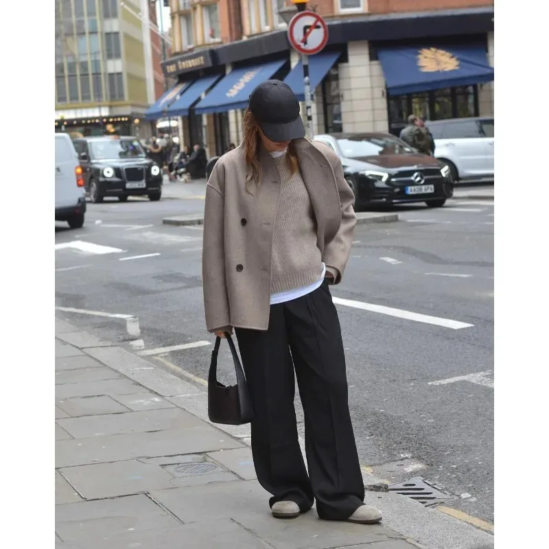 

YYAHAHAS 2025 Autumn/Winter New Retro Brown Woolen Coat Women's V-neck Commuter Warm Outer Double Breasted Top