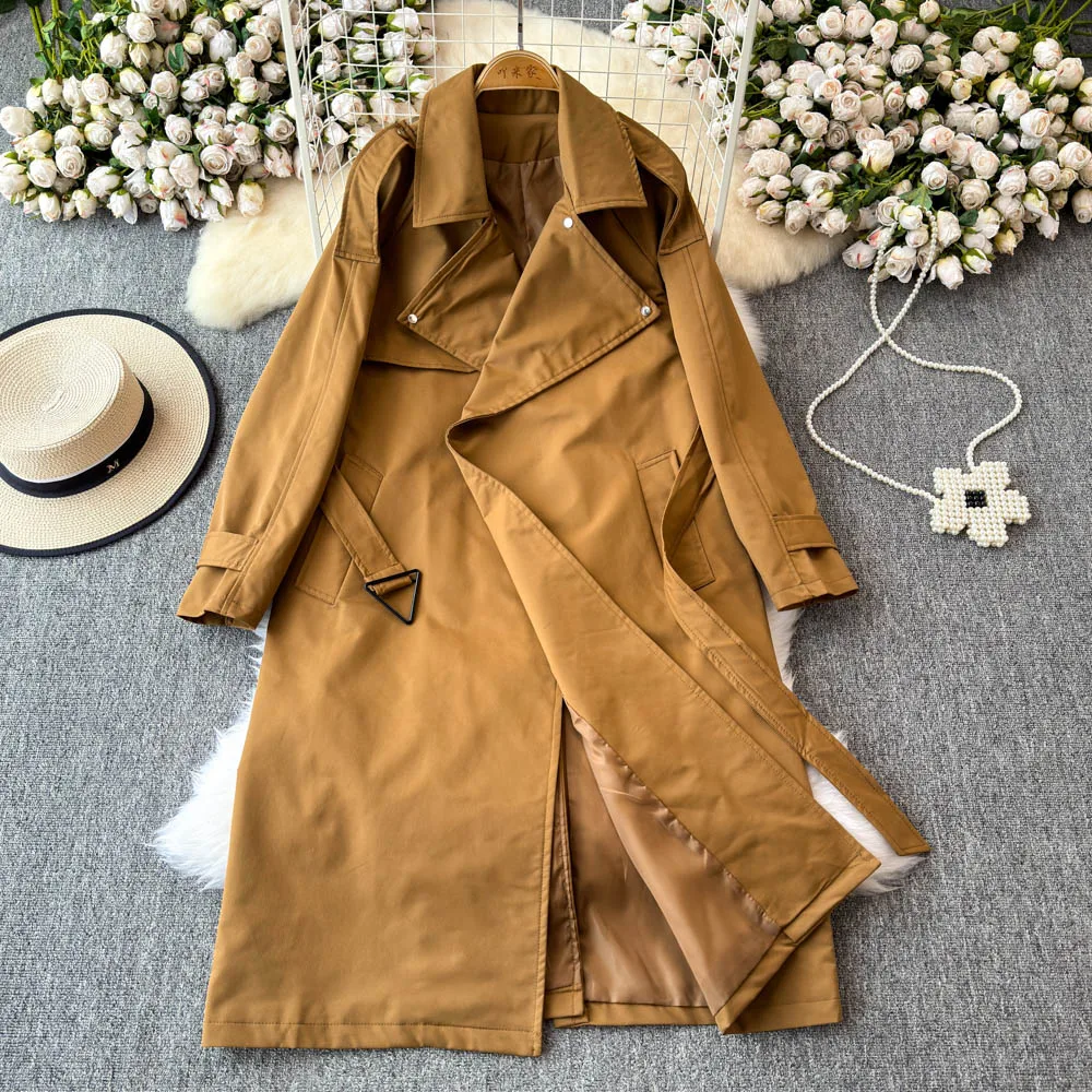 Autumn Lace Up Long Lapel Loose Trench Coat Women's Fashion Trend Windbreaker