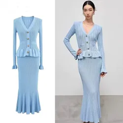 French Elegant Autumn Winter Fake Two Piece Knitted Mermaid Dress Women V Neck Diamonds Button Hollow Out Ruffles Long Vestidos