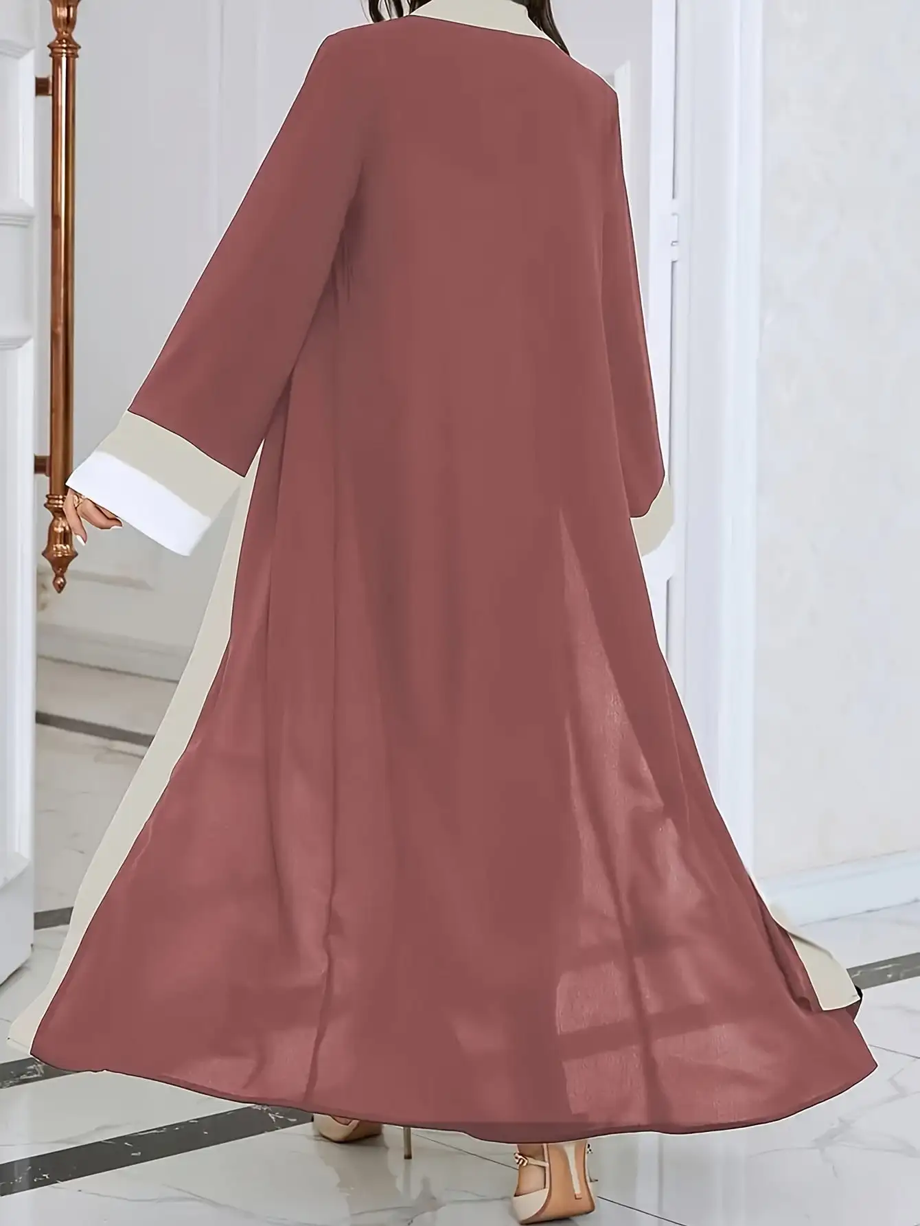 2026 Women's Casual Ramadan Open Front Long Sleeve Dress, Elegant Color Contrasting Slim Fit Extra Long Dress, Women's Wear 1