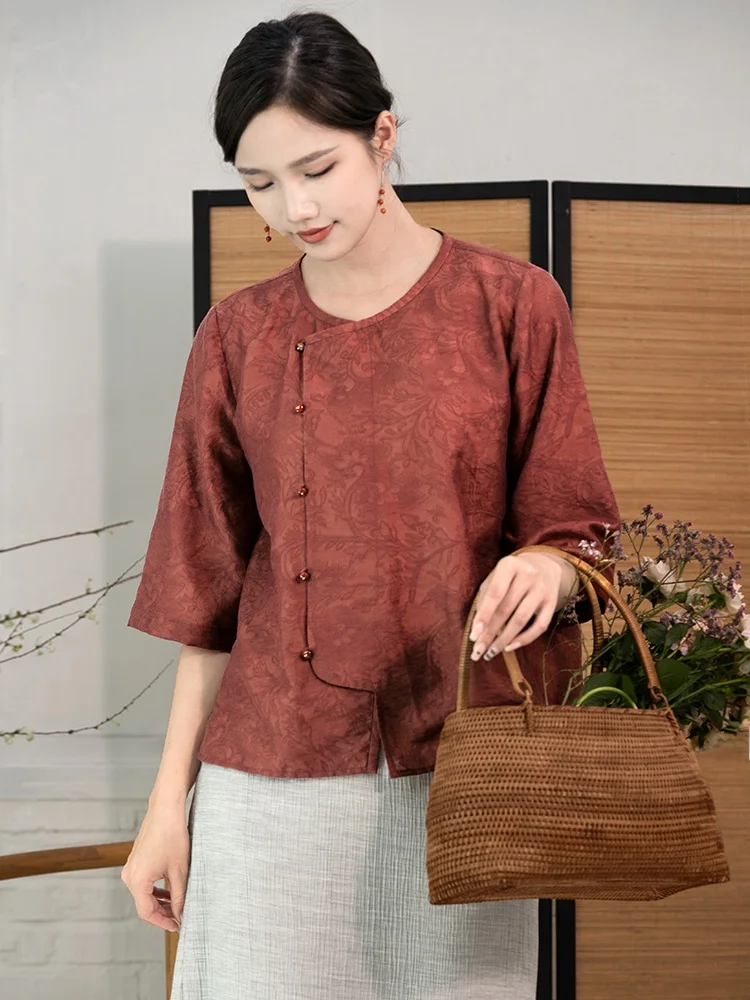 

Китайская винтажная футболка с круглым вырезом и вышивкой в национальном стиле, летняя новинка