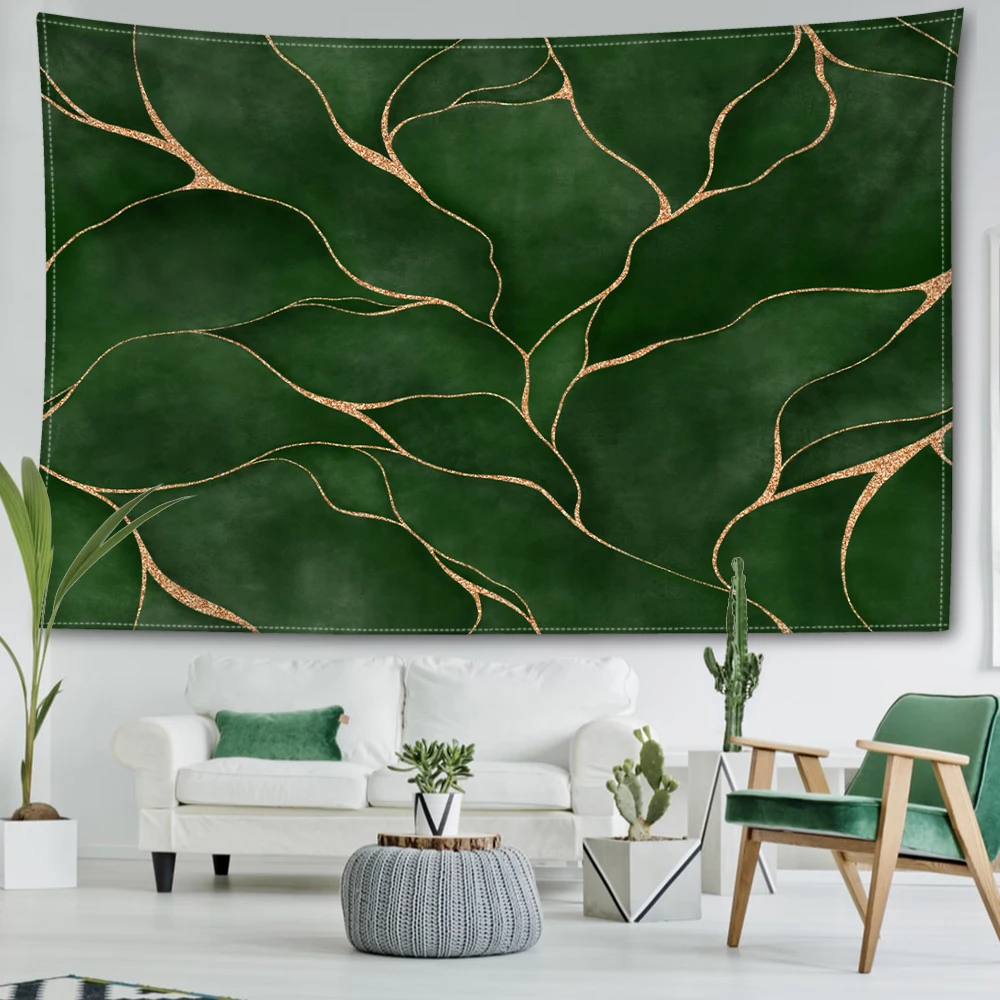 Green gold border leaf printed tapestry, simple modern style bedroom study living room wall hanging art wall decoration