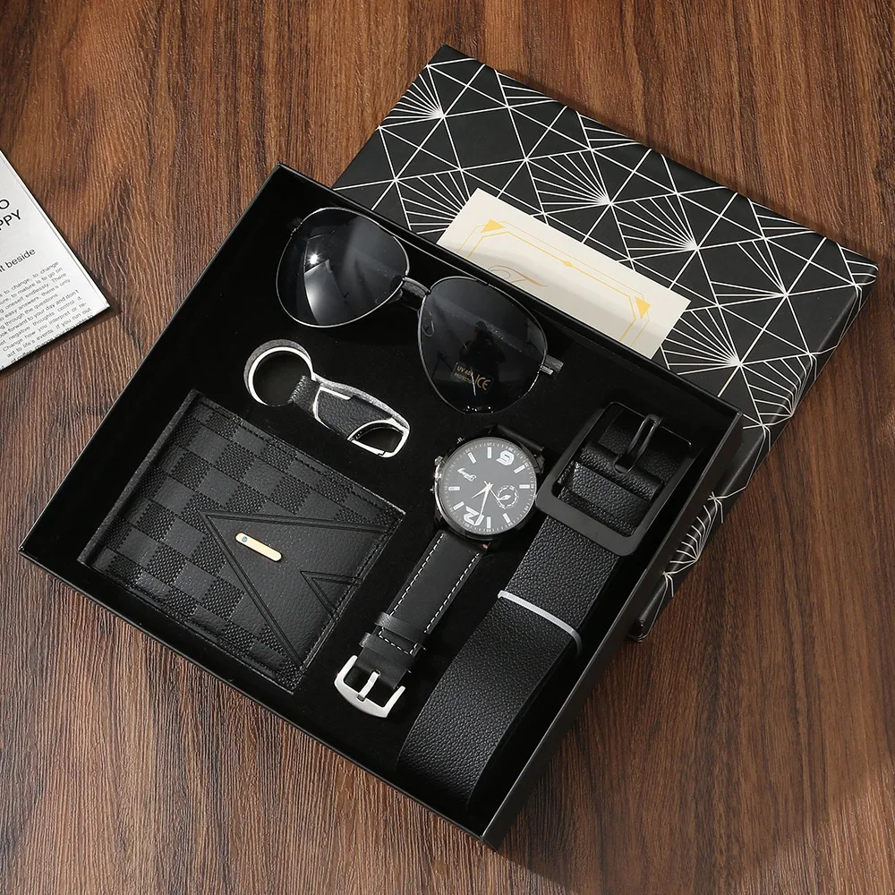 New Mens Watch Set with Gift Box 5 Pieces Key Chain Sunglasses Belt and Wallet Set for Men Gift for Him Boyfriend Dad Husband