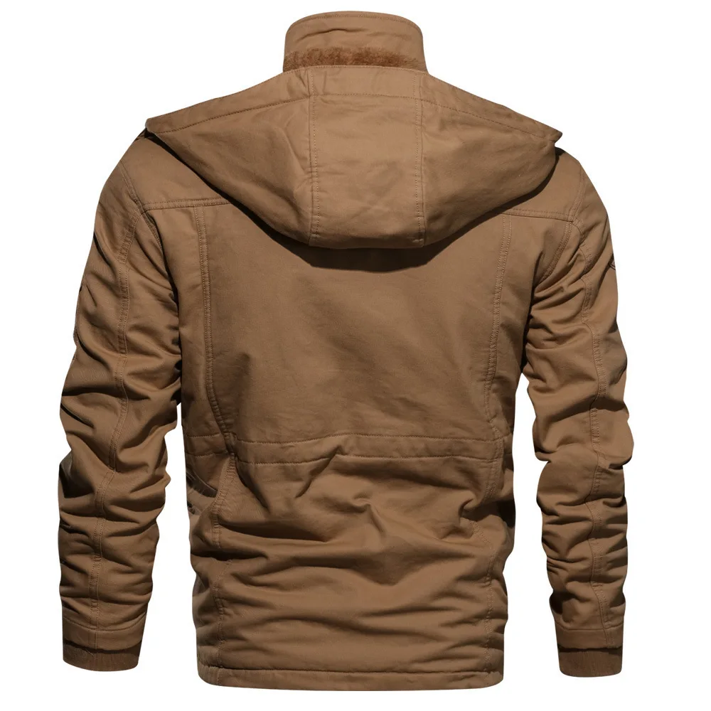 Oulylan Tactical Coats Thickened Hooded Men Jackets Plush Zipper Warm Solid Color Cotton Medium Long Work Clothes Male Bomber