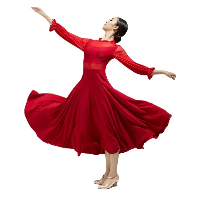 

Ballroom Dance Dress For Adult Women Female Long Mesh Puff Sleeve Waltz Foxtrot Performance Dancewear