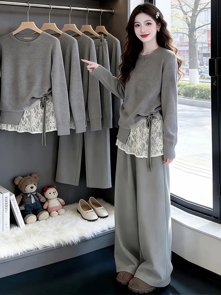 2026 Spring Casual Knitwear Loose Fit Comfortable Style Three-Piece Set High Waist Long Pants Soft Texture Fashionable Ensemble