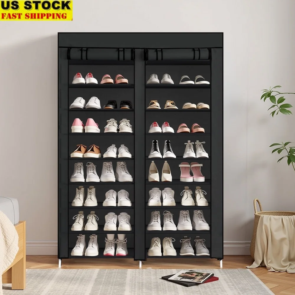 

10-Tier Shoe Cabinet Double Row Non-Woven Fabric Storage Organizer Entryway Space-Saving Durable Iron Pipes Lightweight Plastic