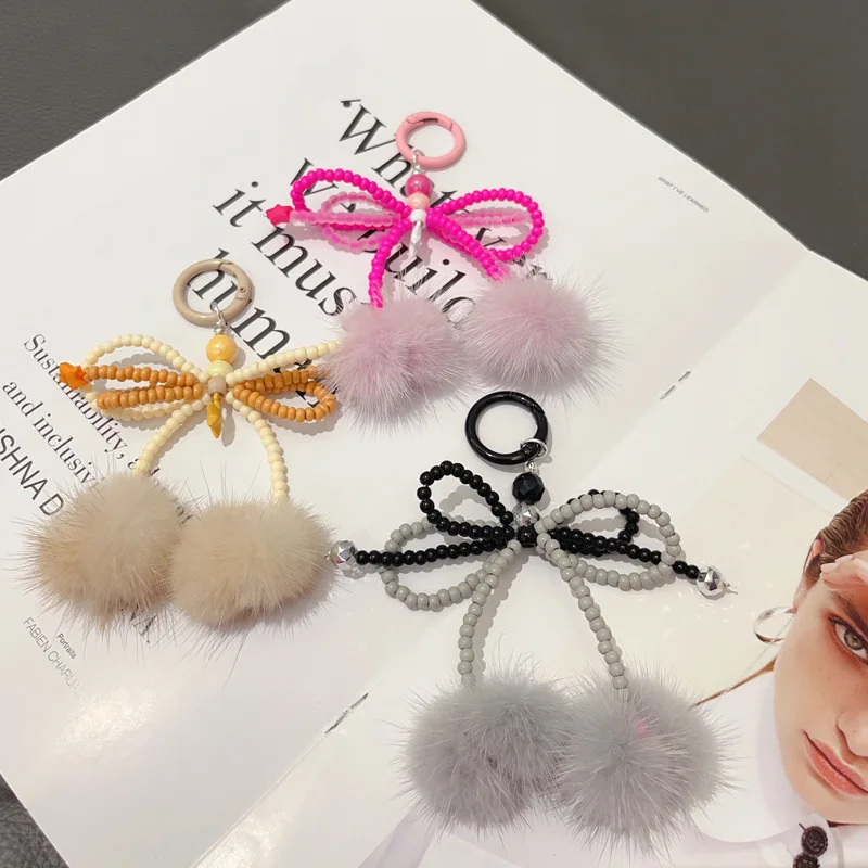 Original New Autumn/Winter Bow Hairball Mobile Chain Little Red Book Mobile Rope Digital Hanging Rope Creative Pendant