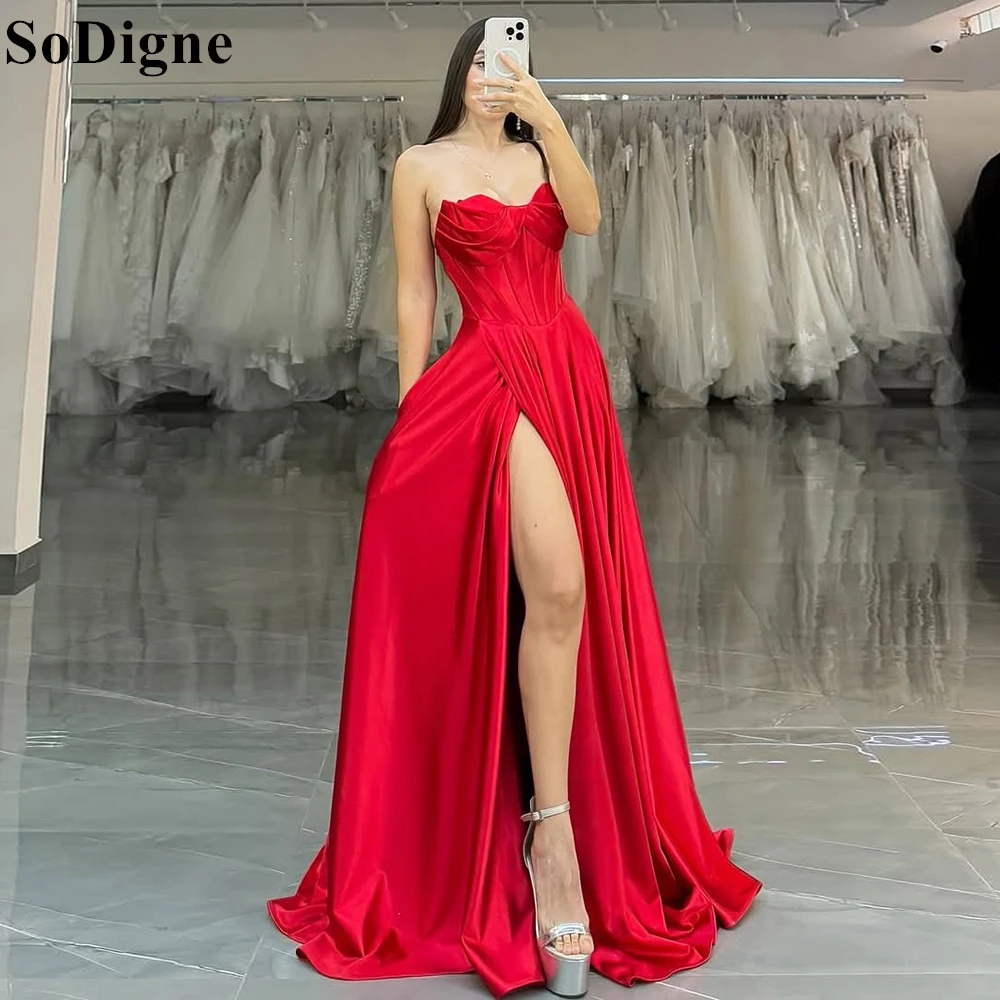 

SoDigne Elegant Red Satin Evening Dresses A-Line Strapless High Split Pleated Party Dress 2025 Formal Women Prom Gown Customized