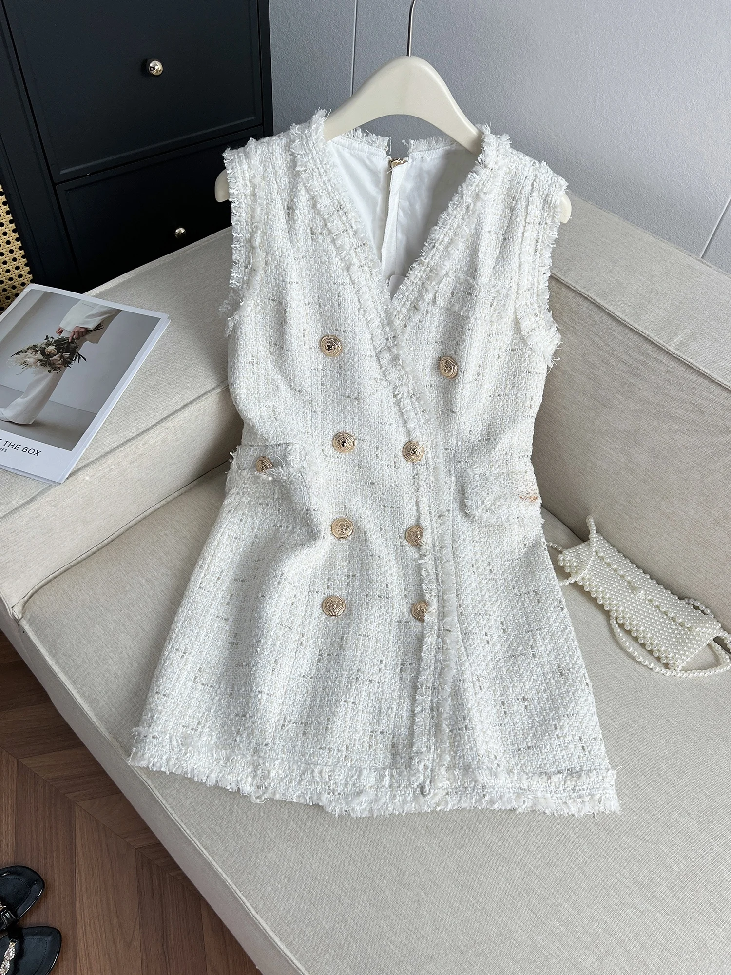 

Faionable Summer New Sle Coarse Tweed Fringed Vest Dr Women's High Waist A-Line Skirt V-Ne Double Button Casual Dr