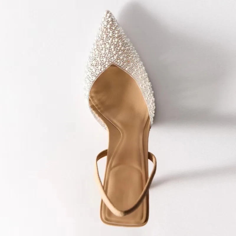 2023 Woman Pumps Pointed toe Pearl Heels Women High-heeled Slingback High heels Wedding Bride Transparent Rhinestone Heels