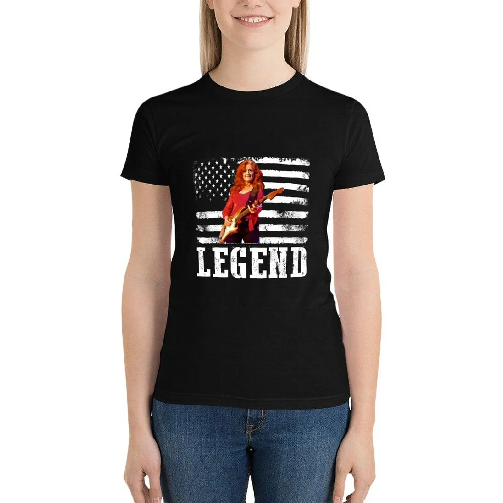 

Distressed American Flag Bonnie Raitt Music Legend T-Shirt anime clothes plain ariat shirts for Women