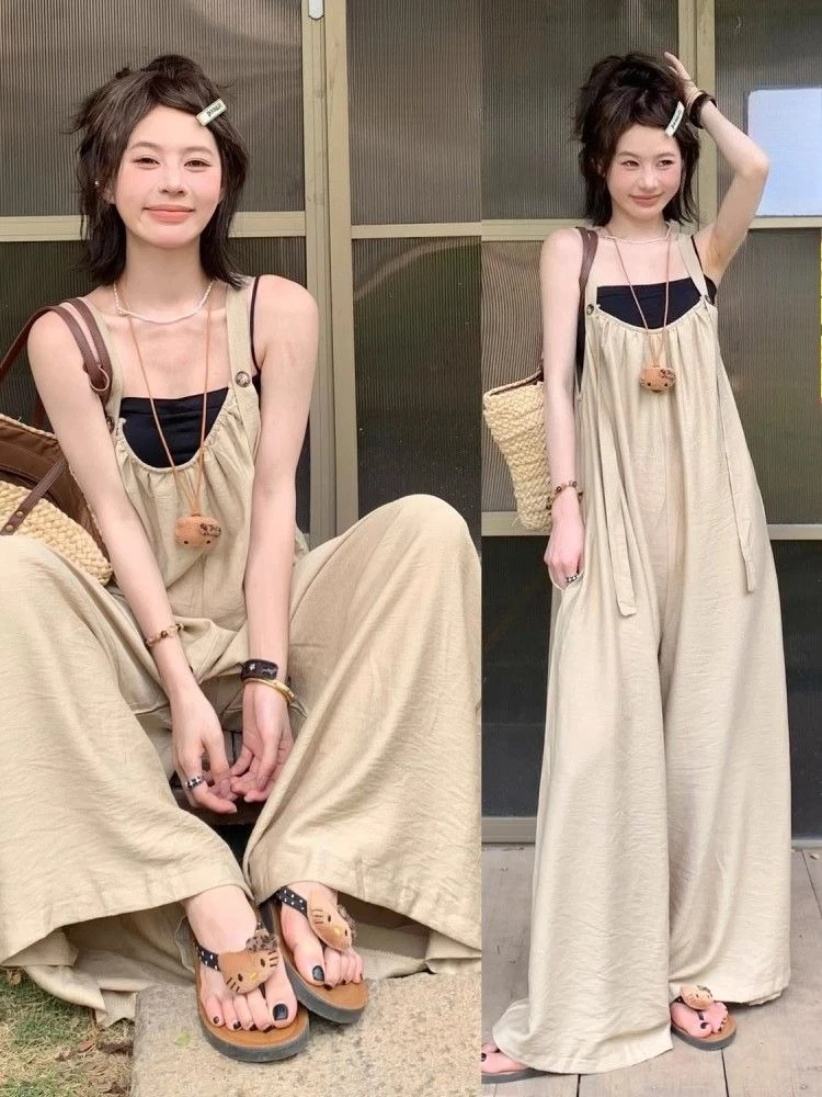 Summer Fresh Style Women Casual Lazy Style Sleeveless Bib Jumpsuit Loose Fit Wide Flared Leg