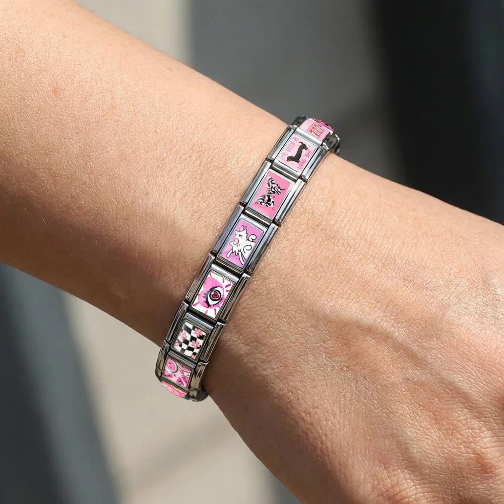 New Pink Y2K Style Italian Module Charm Links Butterfly Cat Rabbit Star Eye Rectangle Bead 9mm Modular Bracelet DIY Making Gift