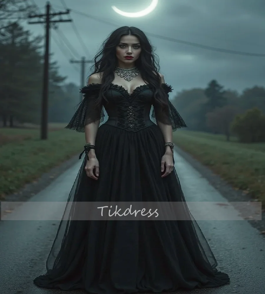 

Готическое вечернее платье FantasySorceress, черное кружевное средневековое платье с короткими рукавами для выпускного вечера, элегантное эльфийское маскарадное платье по индивидуальному заказу