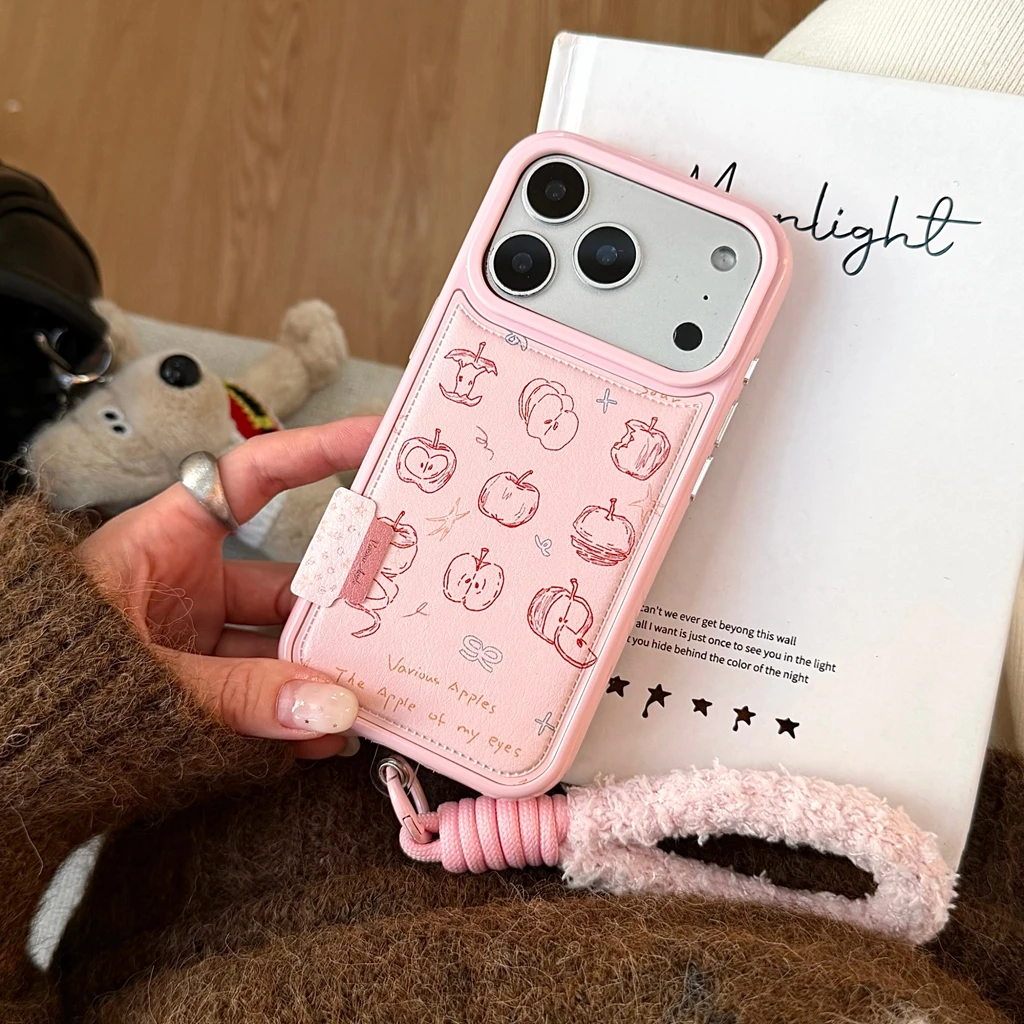 الوردي الجلود الاصطناعية أبل خط الكتابة على الجدران مع الحبل للصدمات واقية غطاء الهاتف آيفون 17 16 15 14 برو ماكس