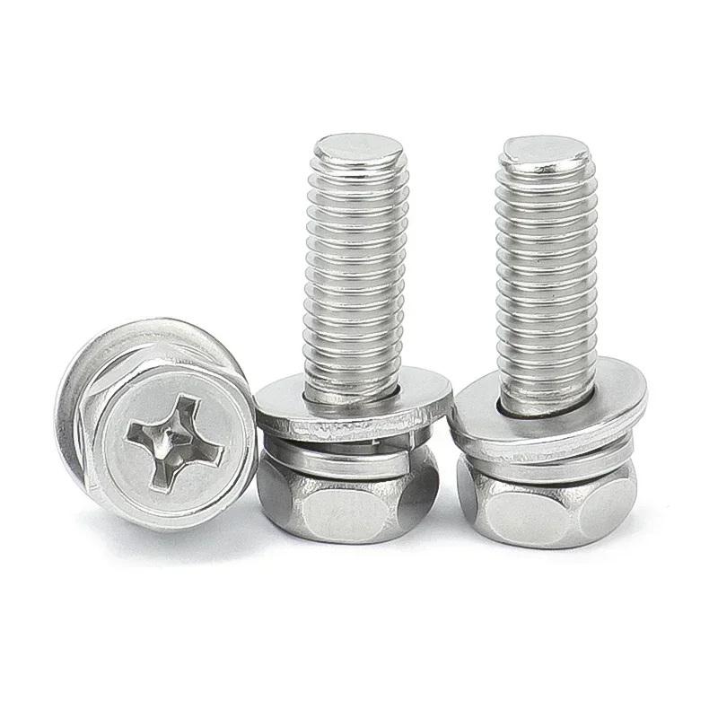 20pcs  M8 Hex Phillips Cross Head Bolt Phillips Hexagon Screws Flat Spring Washers Set 304 Stainless Steel L=12-50mm