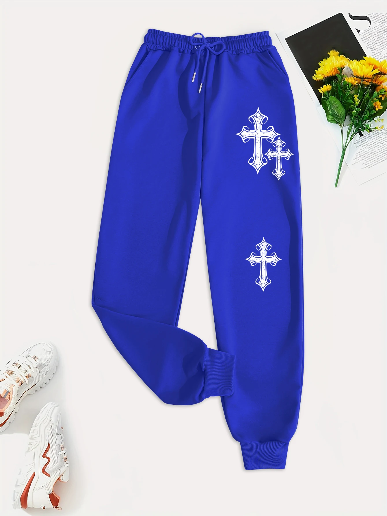 Crucifixion Printing Women\'S Autumn Casual Basic Pants Versatile Pocket Drawstring Fashion Trousers Trendy Street Pant Female