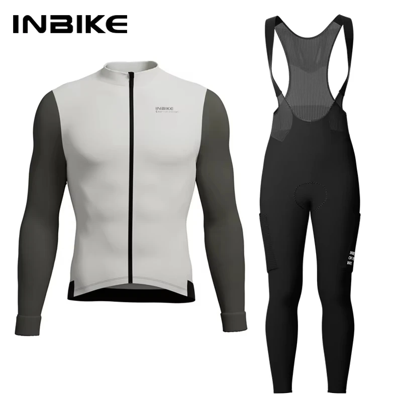 INBIKE Winter-Radsportbekleidung für Herren, Fleece-Radsport-Sets, langärmliges Trikot mit Taschen, lange Fahrrad-Trägerhose für Rennräder
