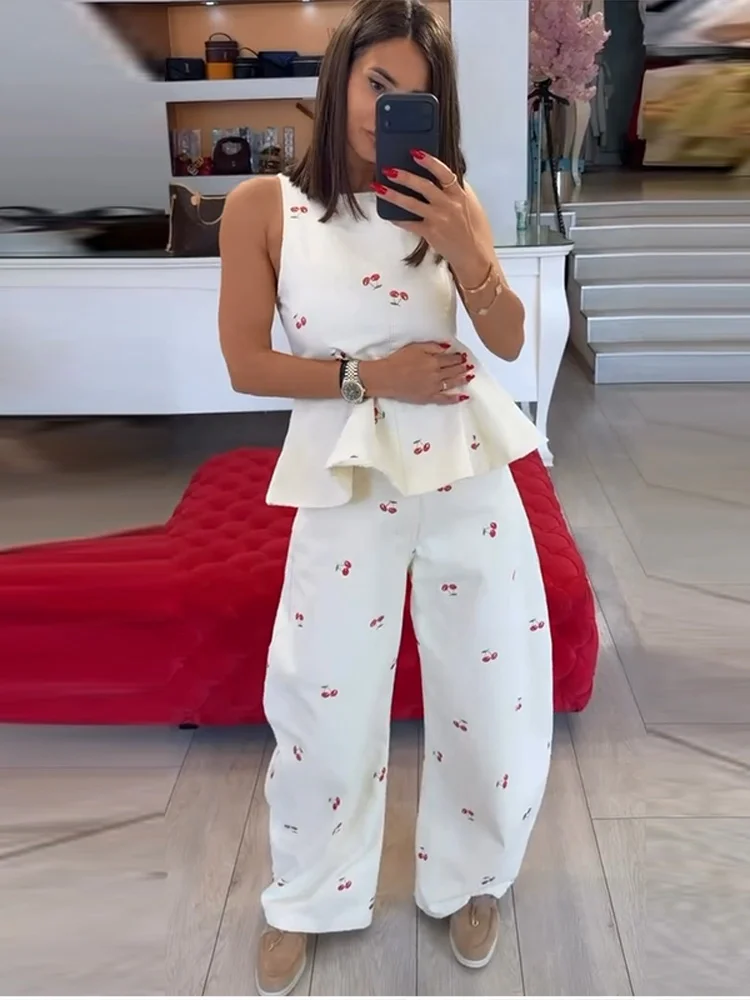 Damen-Hosenanzug 2-teilig Bedruckt O-Ausschnitt Ärmellos Rüschen Slim-Fit Oberteil mit Gebogenen Hosenbeinen Schicke Büro-Damen-Outfits Neu – Detail 13