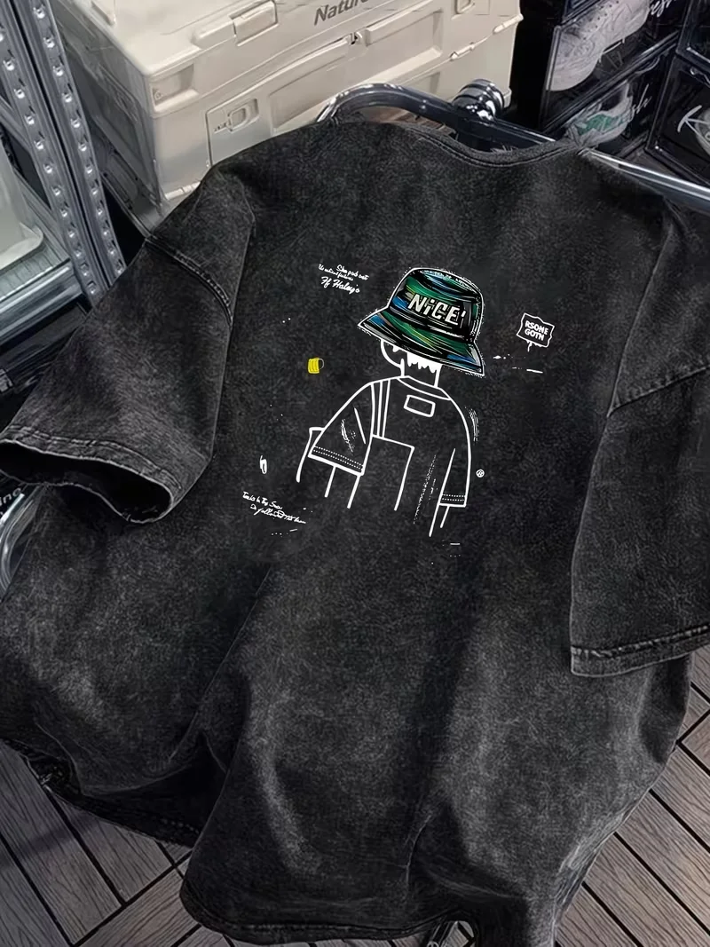 Funny Stick Figure & Cool Guy NICE Hat Graphic Acid Wash T-Shirt Vintage Streetwear Oversized Casual Tops for Men Women
