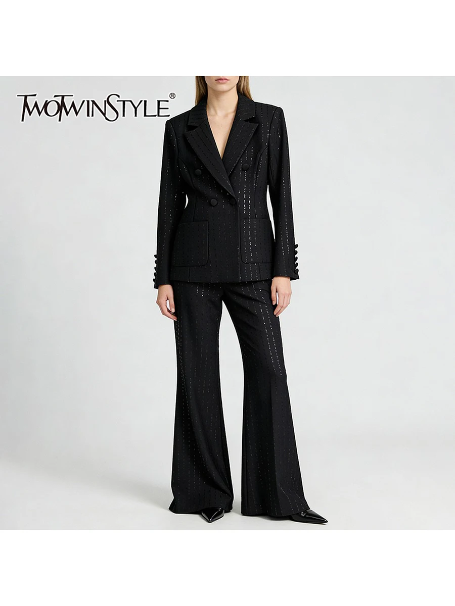 

TWOTWINSTYLE Fashion Spliced Sequins Two Piece Sets for Women Lapel Long Sleeves Patchwork Buttons Blazer Flare Pant Set Female