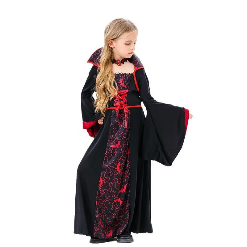 Halloween Kids Witch Costume Medieval Retro Lace-up Collar Flared Sleeve Printed Long Dress Vampire Cos Stage Show Costume