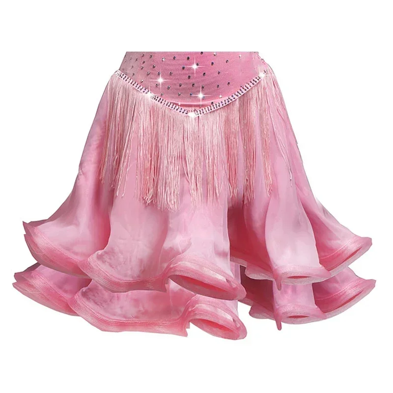 فستان رقص لاتيني صيفي بحجر الراين اللامع للسيدات، تنورة سالسا هامشية مثيرة، ملابس مسائية لقاعة الرقص