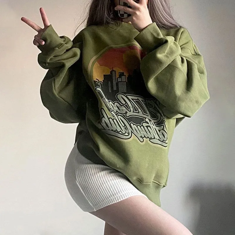 

Американские ретро зеленые толстовки авокадо, женские бархатные толстые городские толстовки без капюшона большого размера, свободный пуловер с длинными рукавами, топ