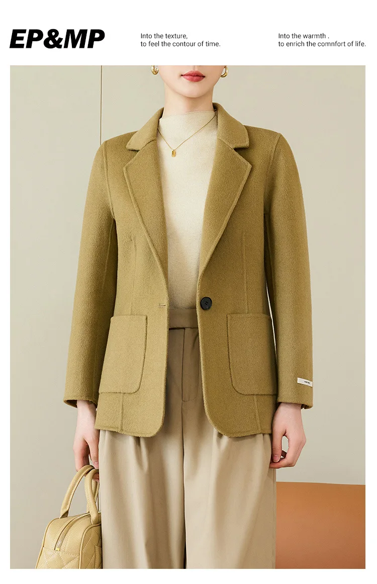 Women's Suit Collar Double-sided Cashmere Wool Coat 2024 Fall Winter Chic Ladies Single Button Loose 100% Woolen Blazer Jackets