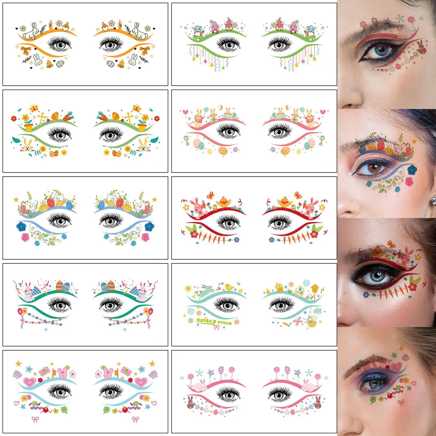 

10 шт., пасхальная серия, временные татуировки для глаз, декоративные узоры для яиц пасхального кролика, водонепроницаемая забавная вечерние татуировка для макияжа