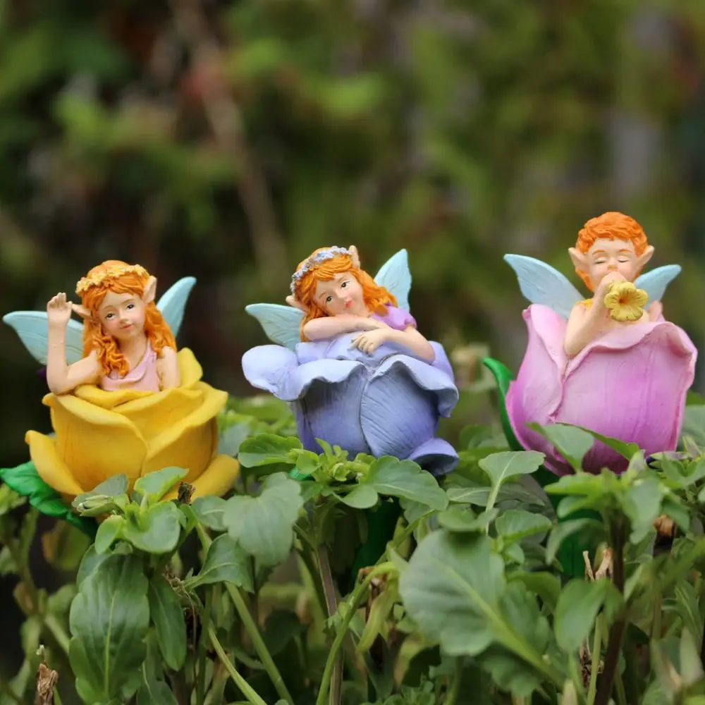 3pcs Scene Decoration Resin Flower Fairy Inserts Cute Waterproof Micro Landscape Funny Art Miniature Figurines Porch