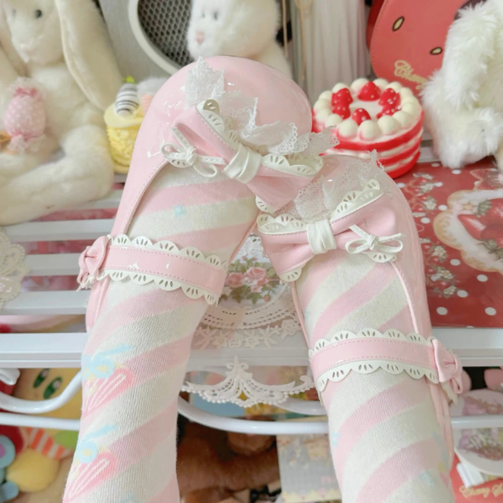 

Lolita Shoes Platform Pink High Heels Summer Sweet Bow Mary Janes Shoes Low Heel Kawaii Leather Girls Single Shoe Pumps