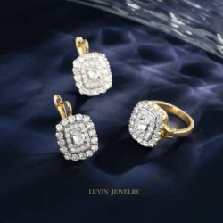 LUYIN Selected Square Design Earrings Ring Set For Woman Copper Inlaid White Zircon Plated 14K Gold 2 Color For Elegant Gift
