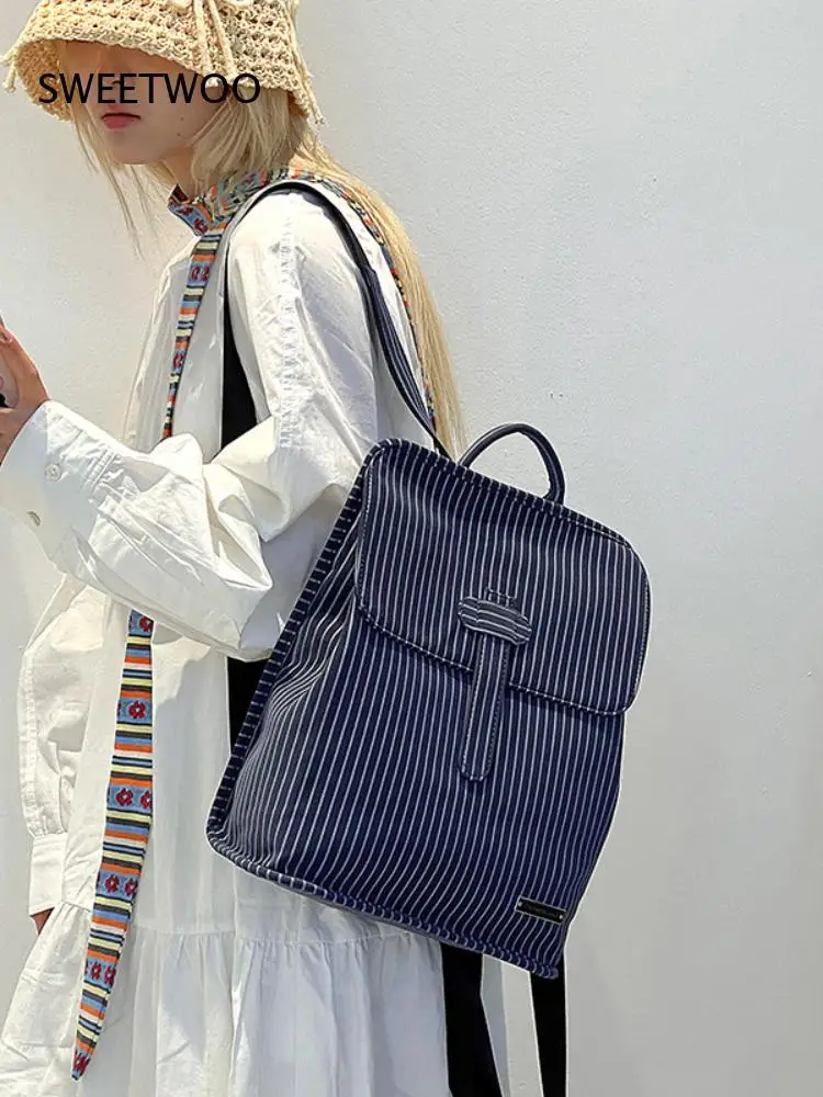 Women Retro Vertical Stripe Backpack Flap Cover with Tab Closure Carry Handle Large Capacity Casual Fashion Rucksack