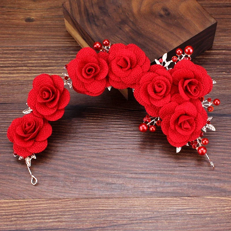 Handmade Red Flower Bridal Rhinestone Headpiece Leaf Pearl Wedding Headband Women Hair Jewelry For Bridesmaid Bride