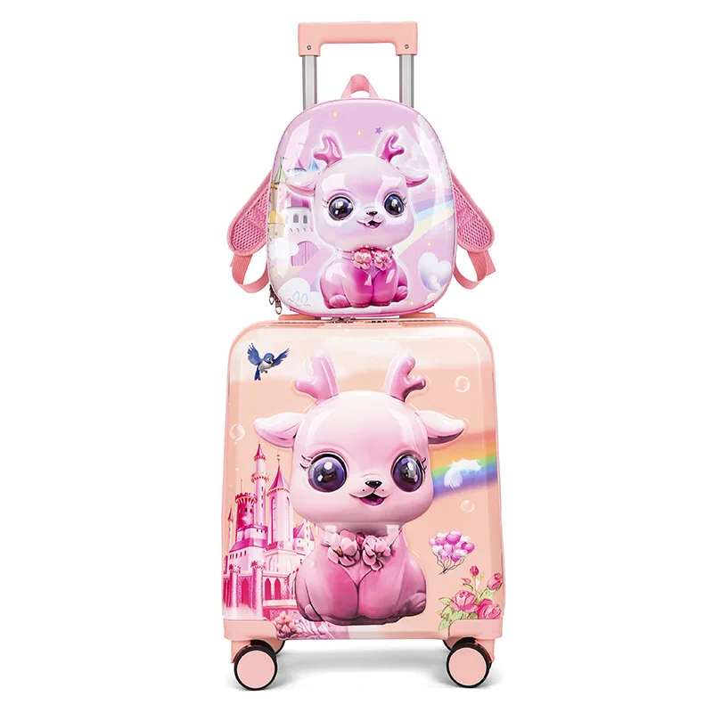 

Новый детский дорожный набор багажа с рисунком оленя, чемодан-тележка 18 дюймов для мальчиков и девочек, маленькая студенческая ручная кладь