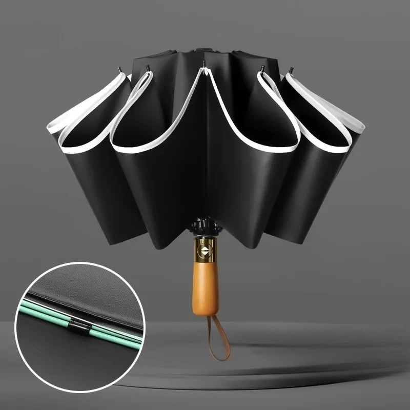 

Upgraded 10 Ribs Double Canopy Windproof Auto Reverse Umbrella - Pro Style, UV-Proof, Wooden Handle, Auto Open/Close, Reinforced