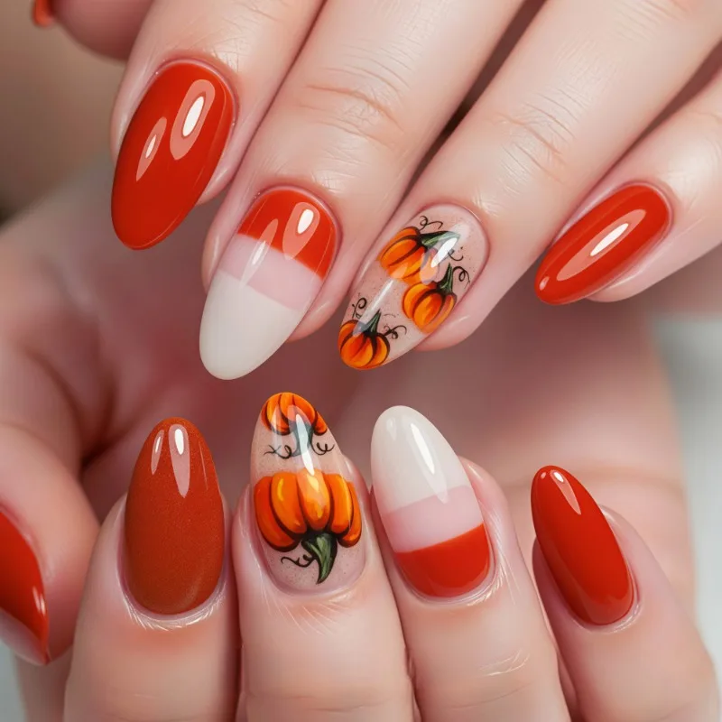 24Pcs Press-On Nails Cute Halloween Pumpkin and Corn Kernel-Themed Candies and Almonds Fake Nails Perfect for Girls and Parties