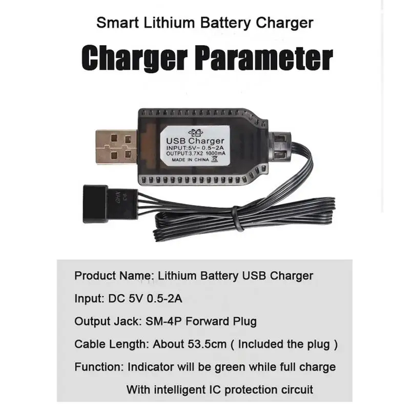 USB Lithium Battery Charger Connect SM-2P SM-3P SM-4P Lithium Batteries 7.4V 1000mA Fast Charging Cable For RC Toy Drone