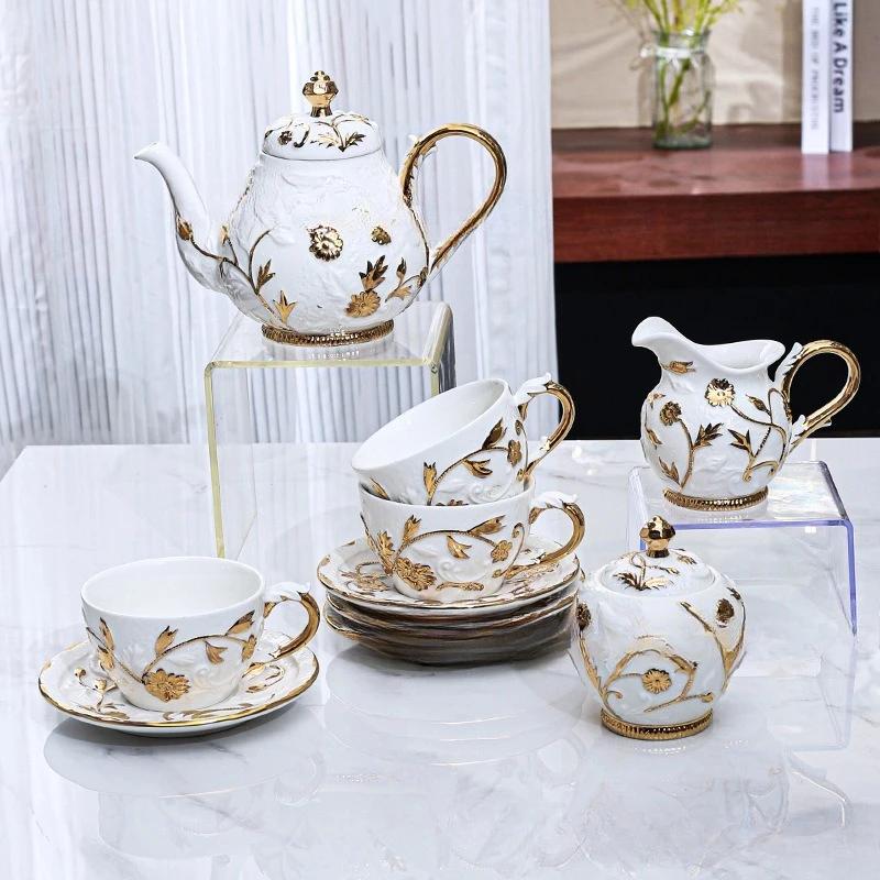 Embossed trace ceramic coffee set, tea kettle coffee pot cup