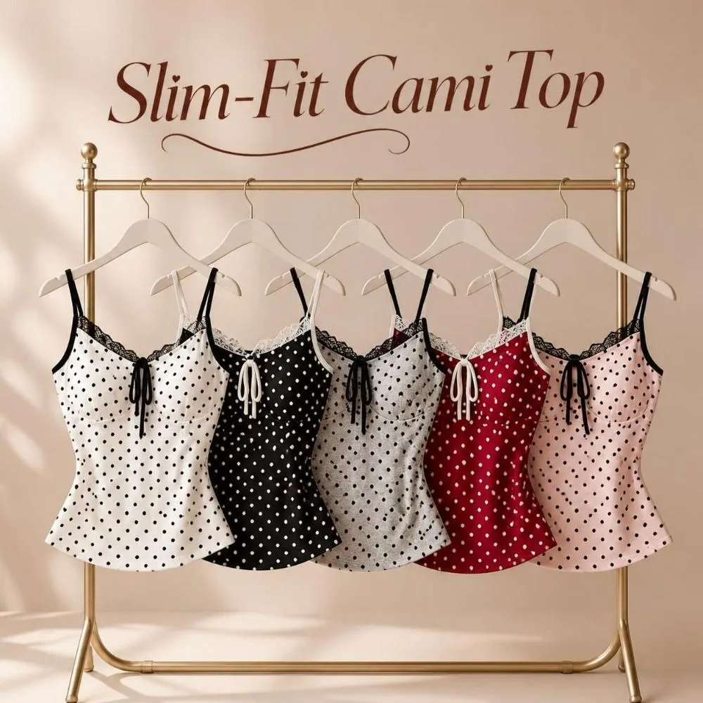 Stilvolles, schmal geschnittenes Polka-Dot-Cami-Top, dehnbares, ärmelloses Camisole mit Spitzenbesatz, atmungsaktives, gepolstertes Top mit Spaghettiträgern zum Überziehen. – Detail 5