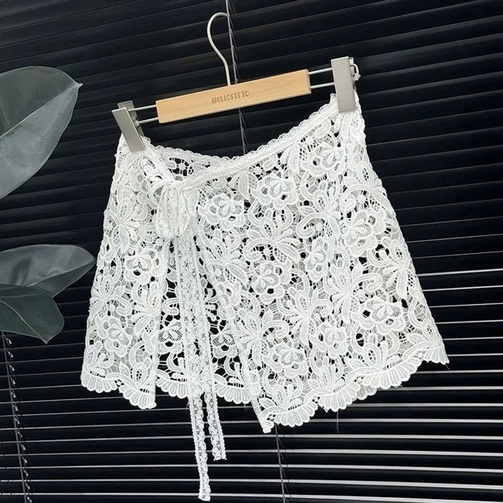

Korean Style Lace Skirt Hollow Out Design Micro Elastic High Waist Skirt Slim Fit With Belt Bandage Skirt Women's Clothing