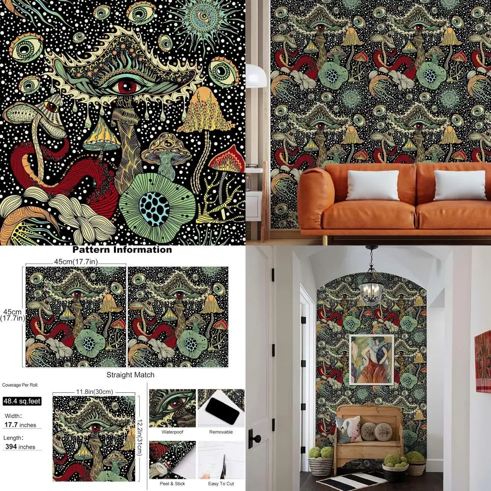 

Грибные обои в стиле бохо — 17,7 x 98,4 фута, съемный винил, идеально подходит для помещений