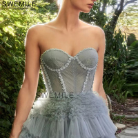 SWEMILE Sweetheart Strapless A-Line Prom Dresses Lace Appliques Tiered Tulle Wedding Party Dress Elegant Dubai Formal Ball Gown